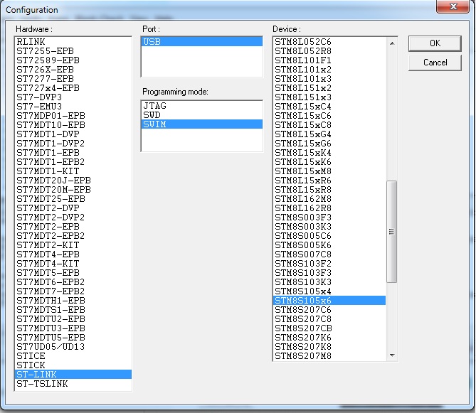 STVP Configuration for STM8S Discovery Board