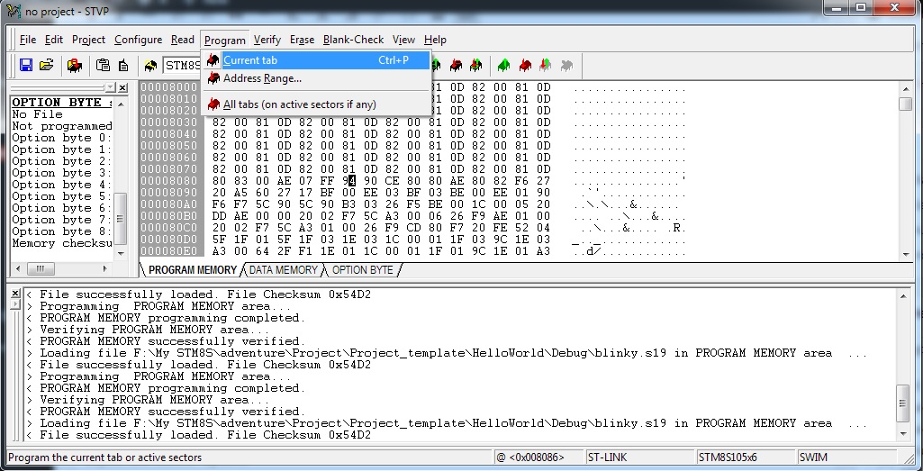 After opening the .s19 file, choose Program current tab from STVP Menu options.